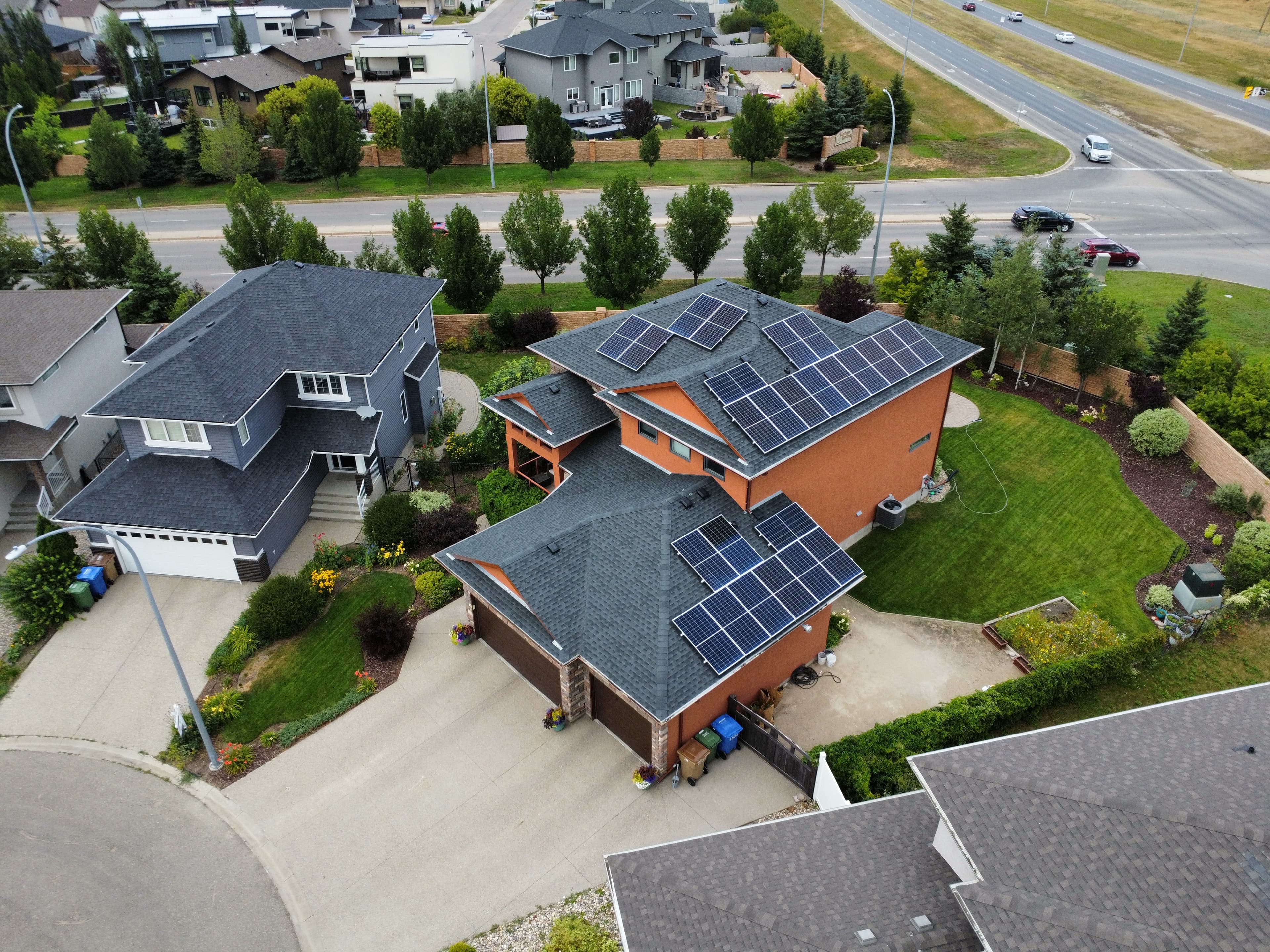 Prairie Sun Solar aerial drone shot of Connor Gorman 17.5 kW metal-roof install in Regina