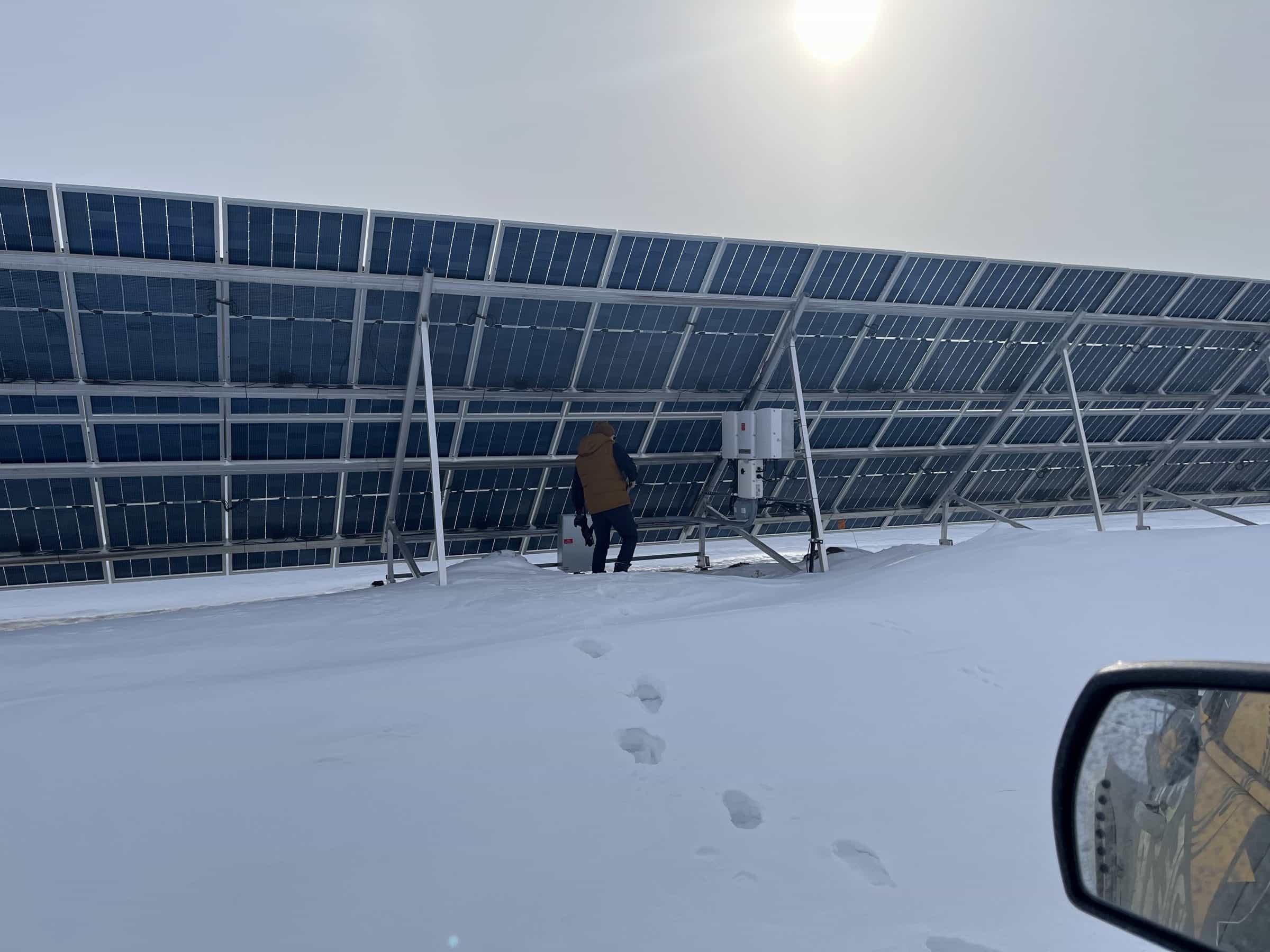 The Dandilee Spice ground-mount solar array near Grenfell, seen across snow on a clear winter day