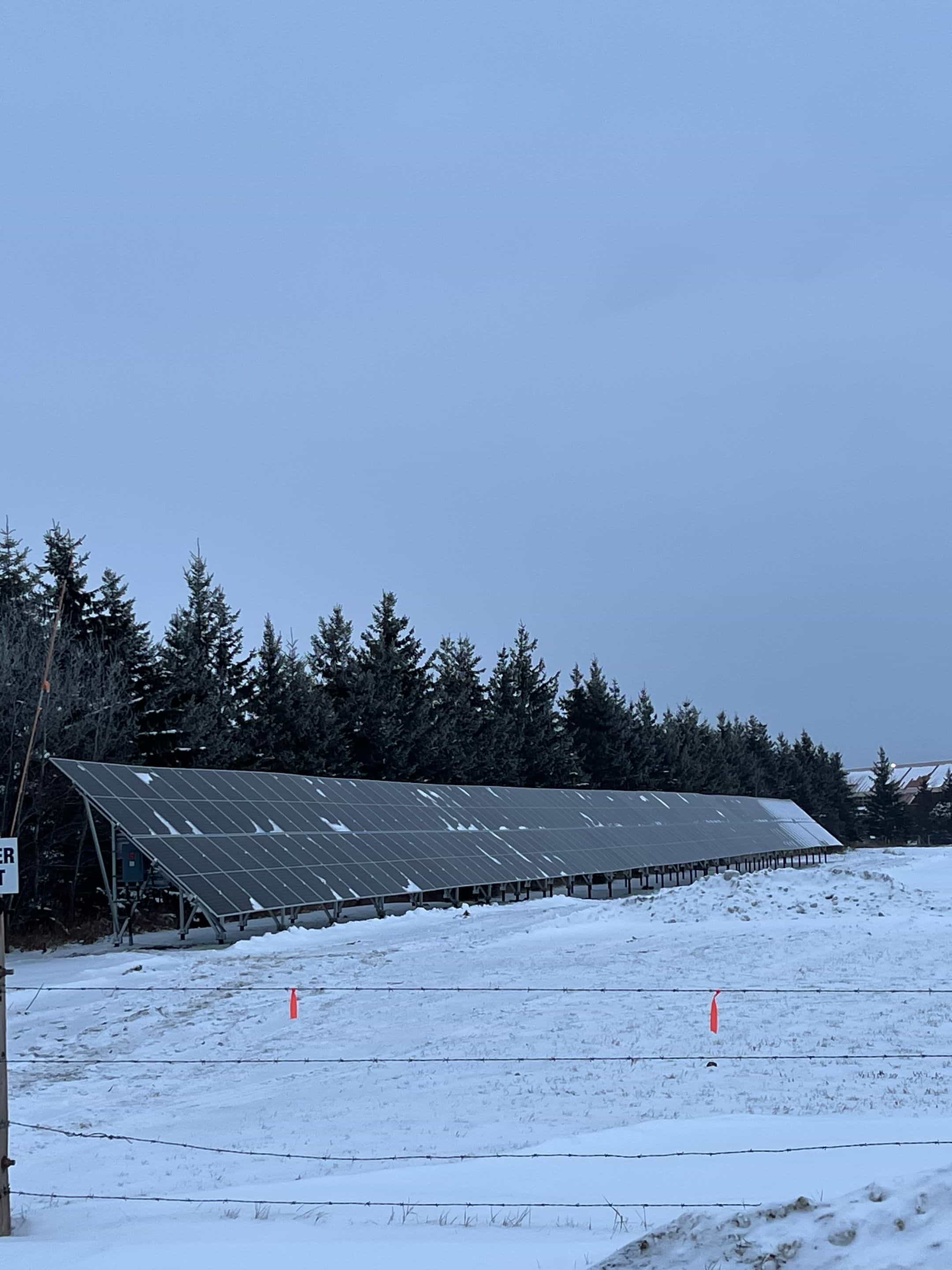 The completed SaskWater Meadow Lake water treatment plant ground-mount solar array on snow-covered ground, backed by spruce forest